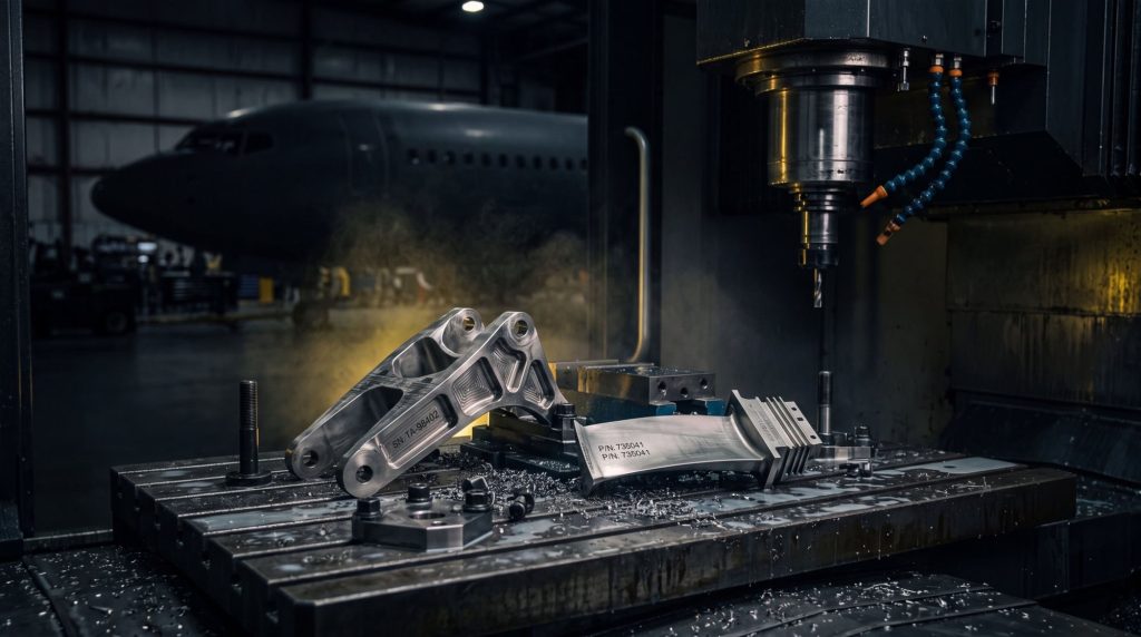 Machined titanium aerospace bracket and turbine blade on a CNC machine bed with an aircraft in the background — EGM Manufacturing