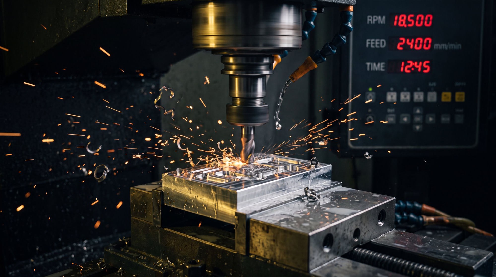 High-speed CNC spindle milling a metal part beside an RPM, feed and time readout — EGM Manufacturing