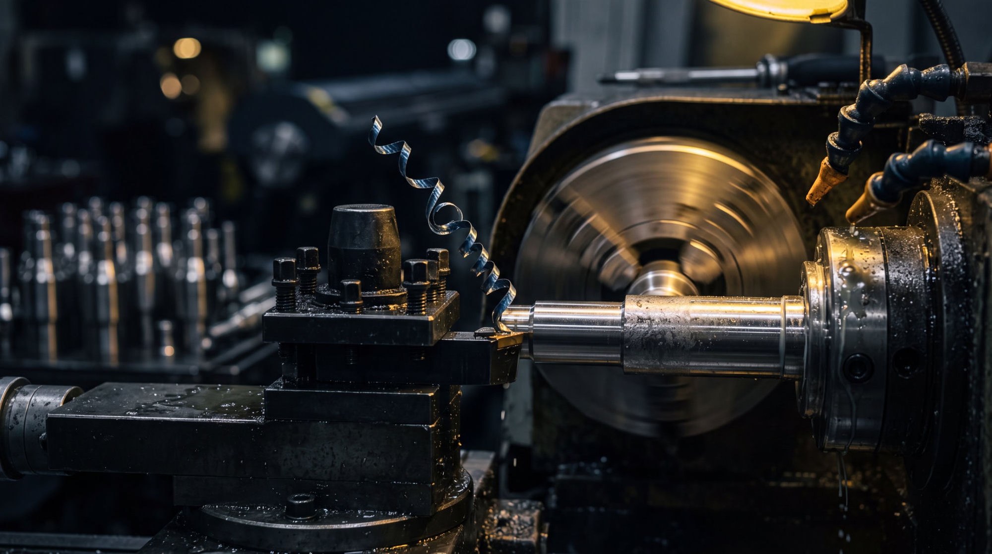 CNC lathe turning a polished steel shaft with a spiraling metal chip — EGM Manufacturing