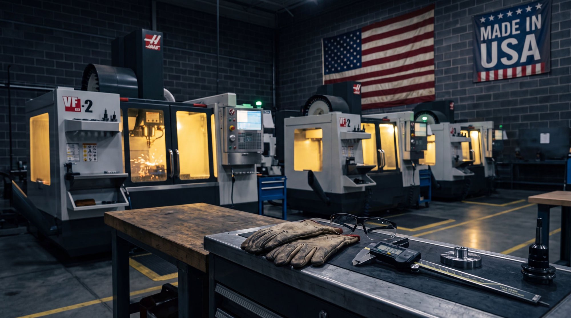 A domestic CNC machine shop with rows of Haas milling machines, an American flag and Made in USA banner, and a machinist’s gloves, safety glasses and caliper resting on a workbench — EGM Manufacturing