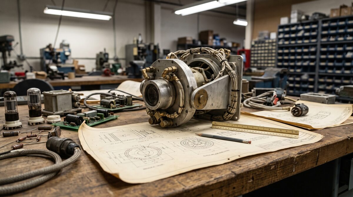 Older aerospace assembly laid out on a bench beside engineering drawings, legacy components of an earlier generation,...
