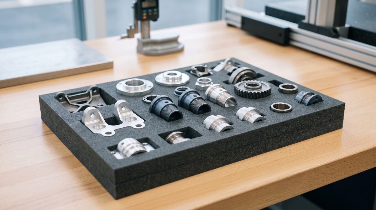 Small batch of precision-machined aerospace components arranged in a foam-lined tray, aluminium and titanium finishes,...