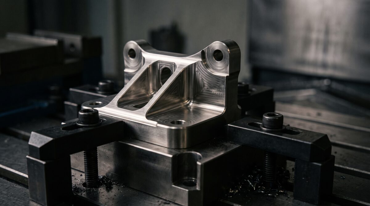 A single machined aerospace bracket held in a fixture, tight radii and fine surface finish, dark ground and raking light