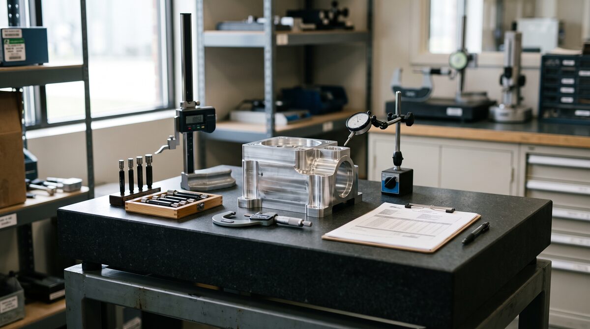First-article inspection setup in a quality lab, a machined component on a granite plate surrounded by gauges and a...