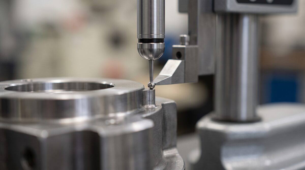 A height gauge measuring a critical feature on a precision part, the contact point sharp, shallow depth of field